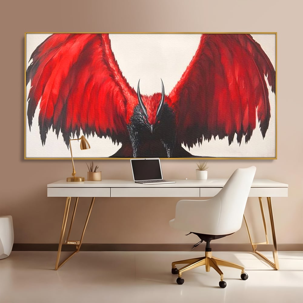 Tablou canvas cu tablou canvas cu pasare fantastica rosu cu negru, in rama de aluminiu auriu, pe perete intr-un birou